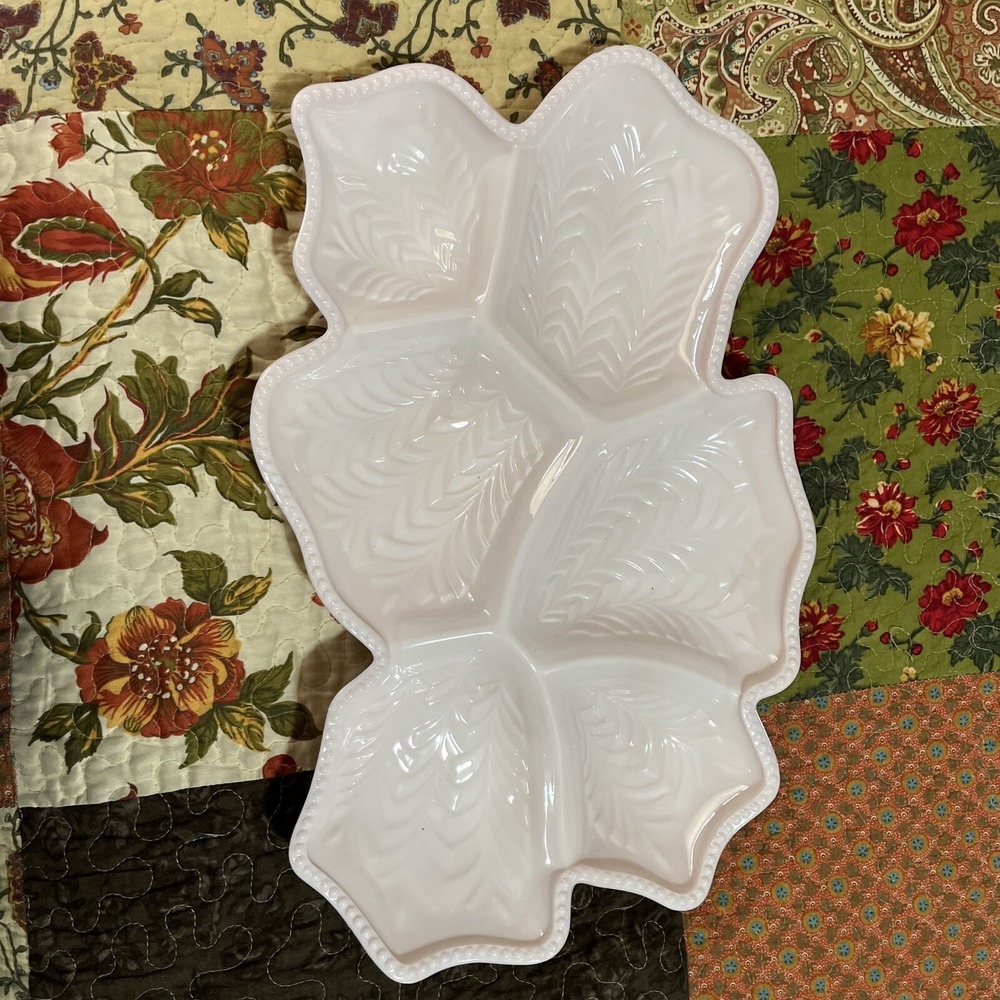 Vintage Jeannette Shell Pink Milk Glass Large Feather Tray Divided Serving Dish